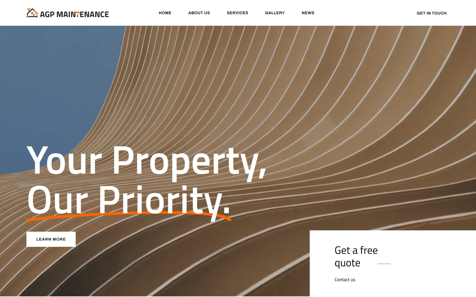 Desktop view of the AGP Maintenance homepage, with the headline Your Property, Our Priority over a curved timber facade and a Get a free quote panel
