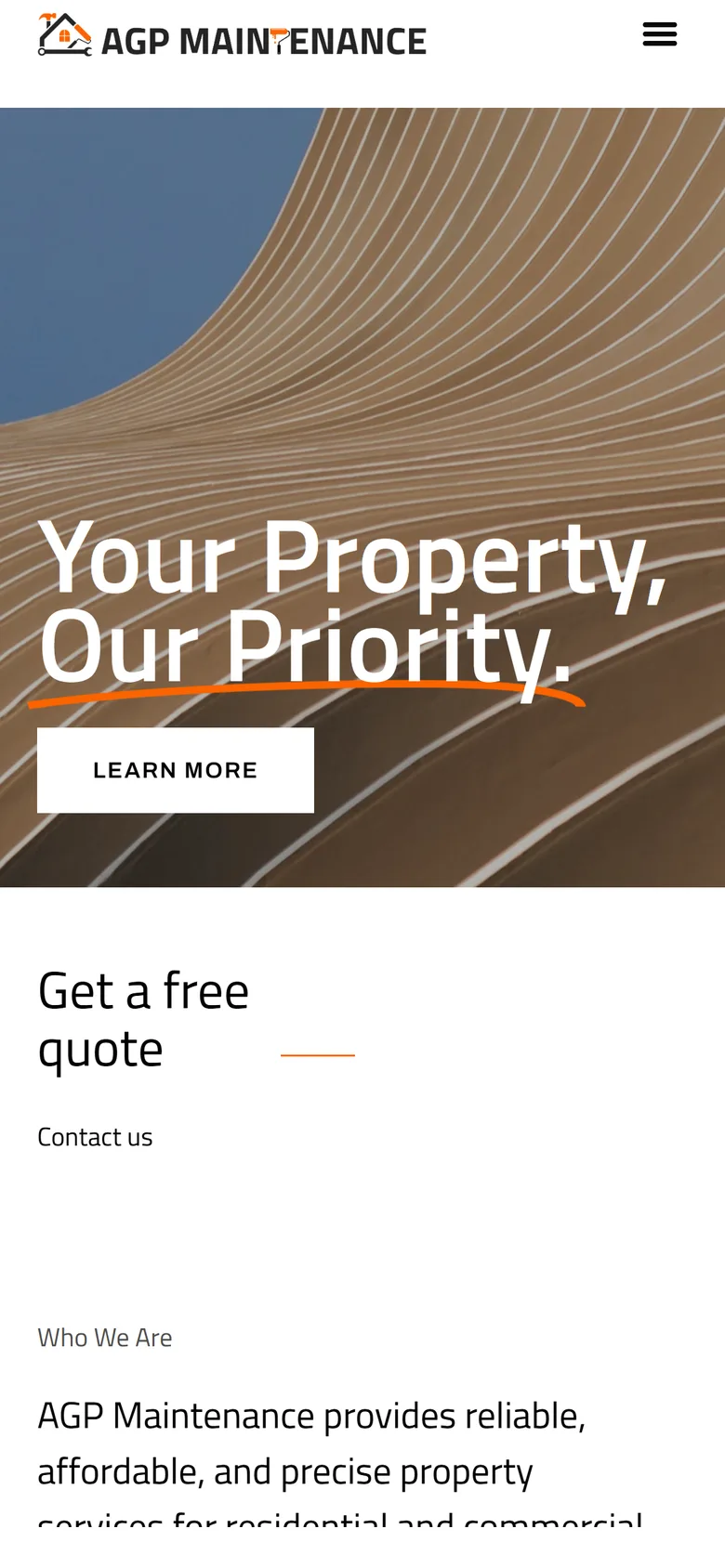 Mobile view of the AGP Maintenance homepage with the headline, Learn more button and free quote prompt