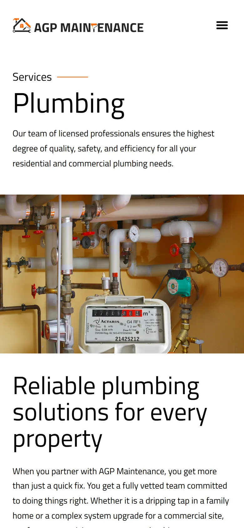Mobile view of the AGP Maintenance plumbing service page, with the heading Reliable plumbing solutions for every property