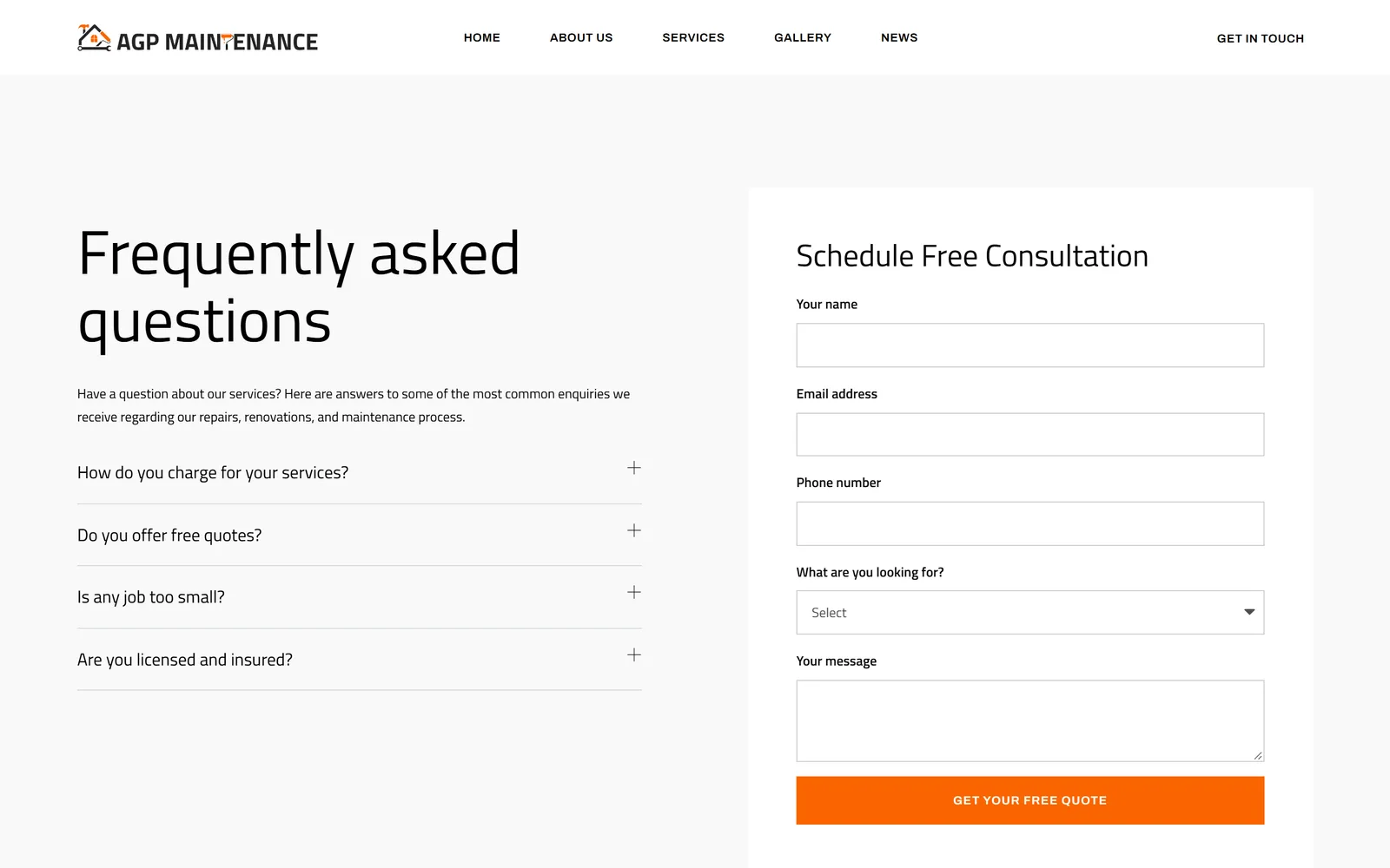 The AGP Maintenance FAQ beside a Schedule Free Consultation form with a dropdown for the trade required and an orange Get your free quote button