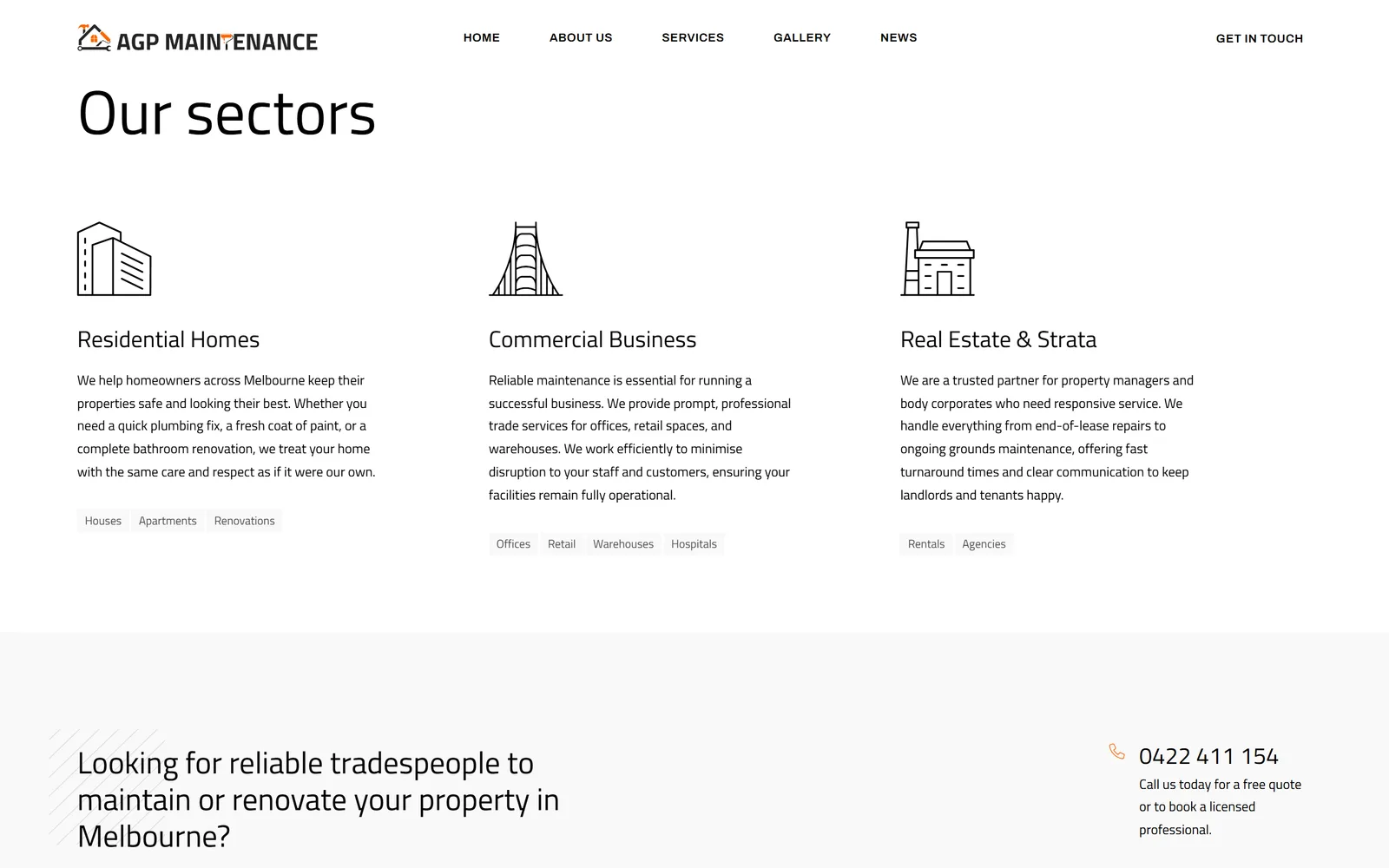 The Our sectors section, with line illustrations and copy for residential homes, commercial business and real estate and strata