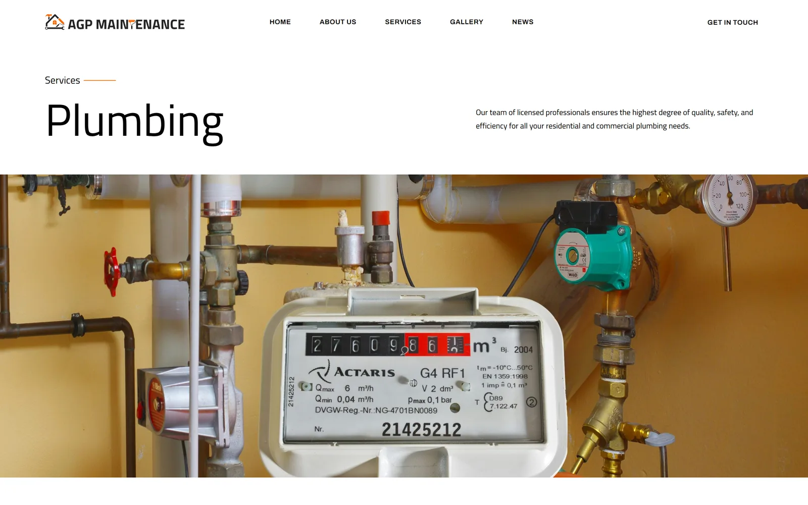 Desktop view of the AGP Maintenance plumbing service page, with the page title beside a short introduction above a photo of a gas meter and pipework