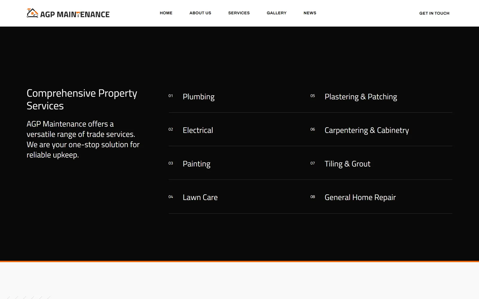 The AGP Maintenance services band, listing plumbing, electrical, painting, lawn care, plastering, carpentry, tiling and general home repair