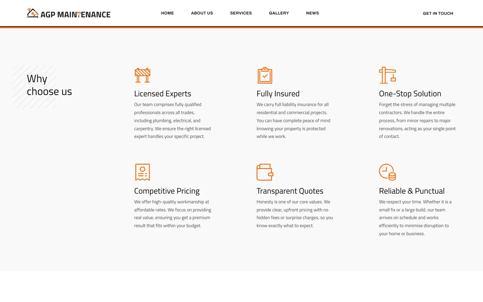 The Why choose us section with orange line icons for licensed experts, full insurance, one-stop solution, competitive pricing, transparent quotes and punctuality