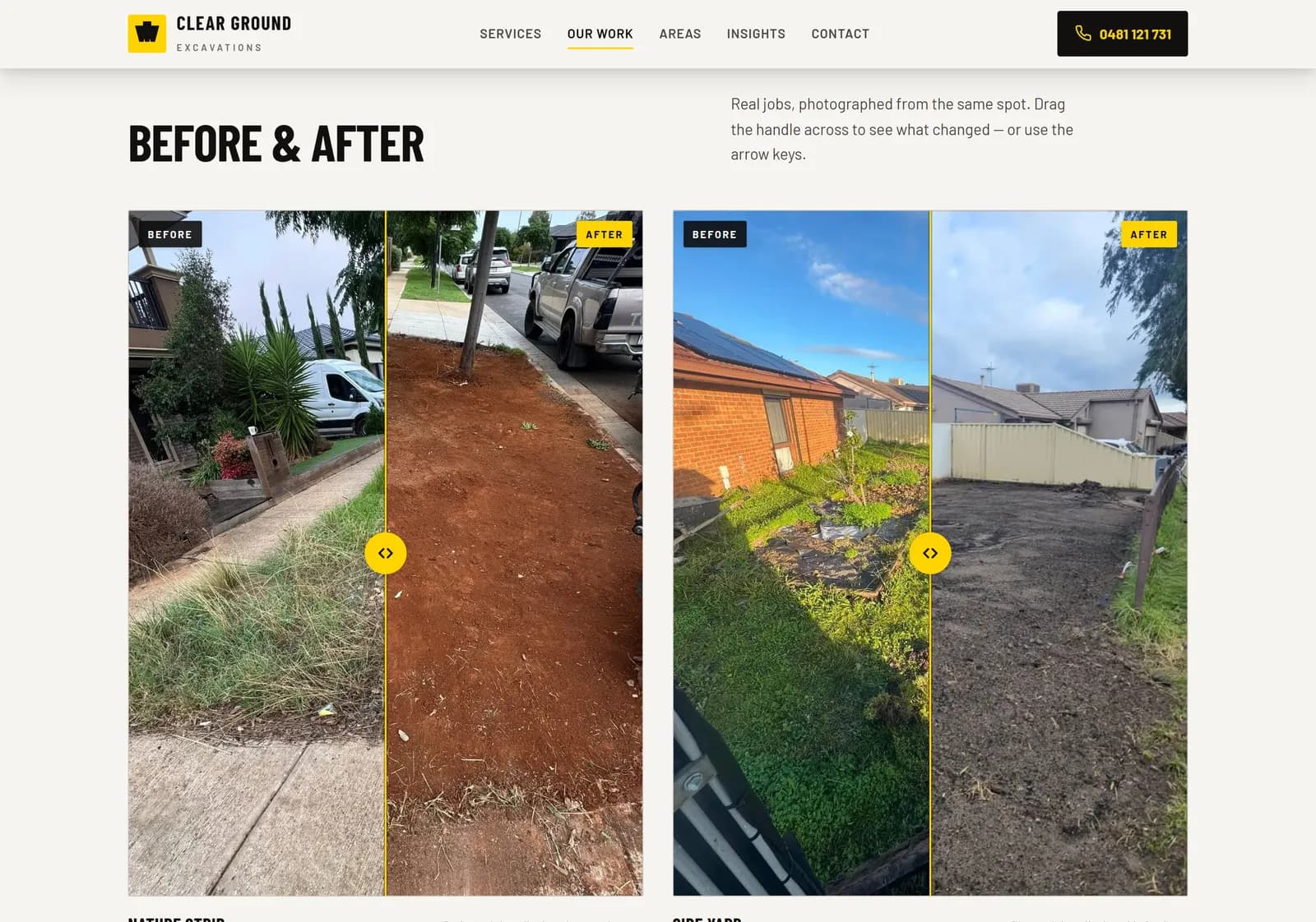 Before-and-after comparison sliders on the Clear Ground Excavations site, showing a nature strip and a side yard cleared and levelled