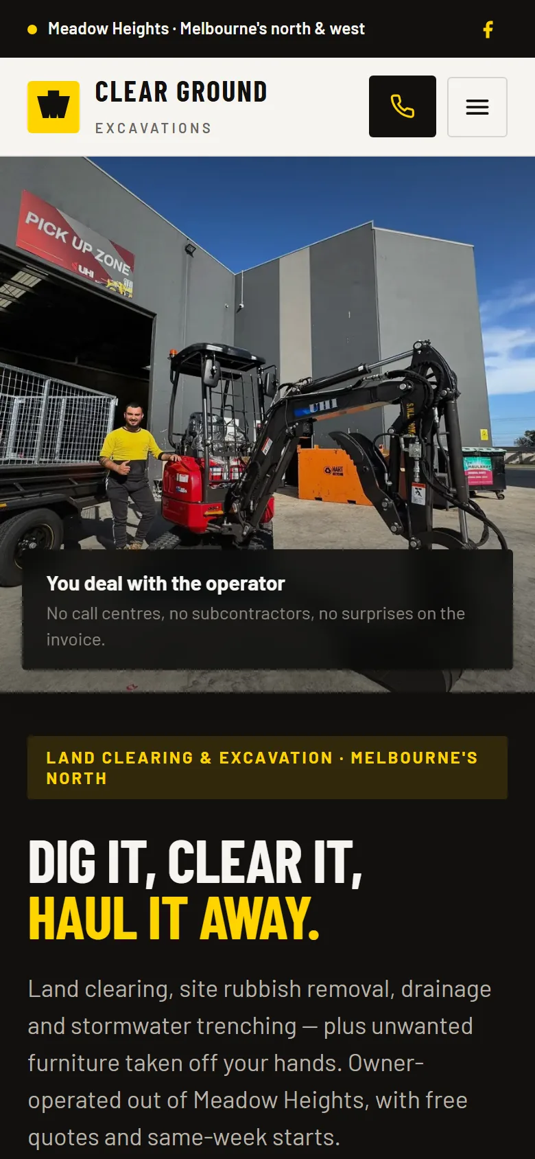Mobile view of the Clear Ground Excavations homepage with the call button fixed in the header