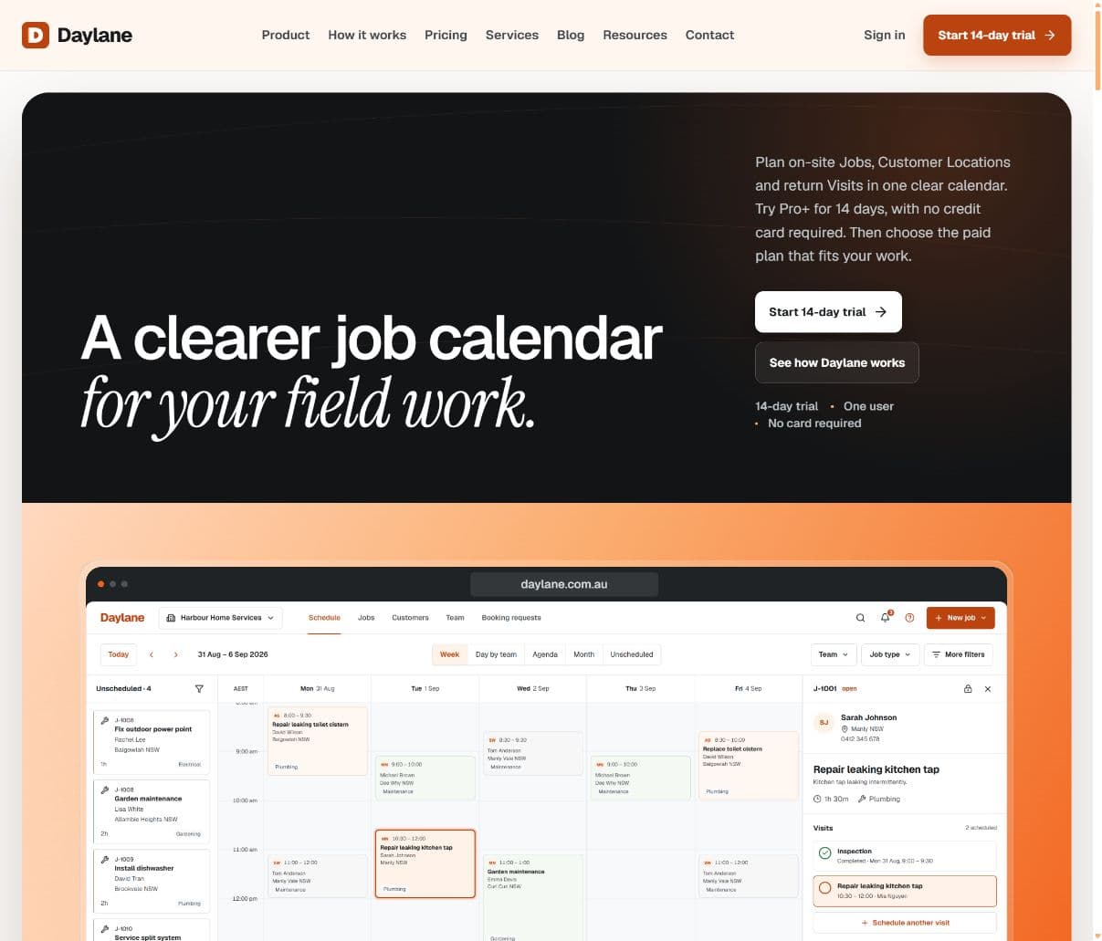 Daylane homepage showing its field-work calendar, scheduled jobs and return visits