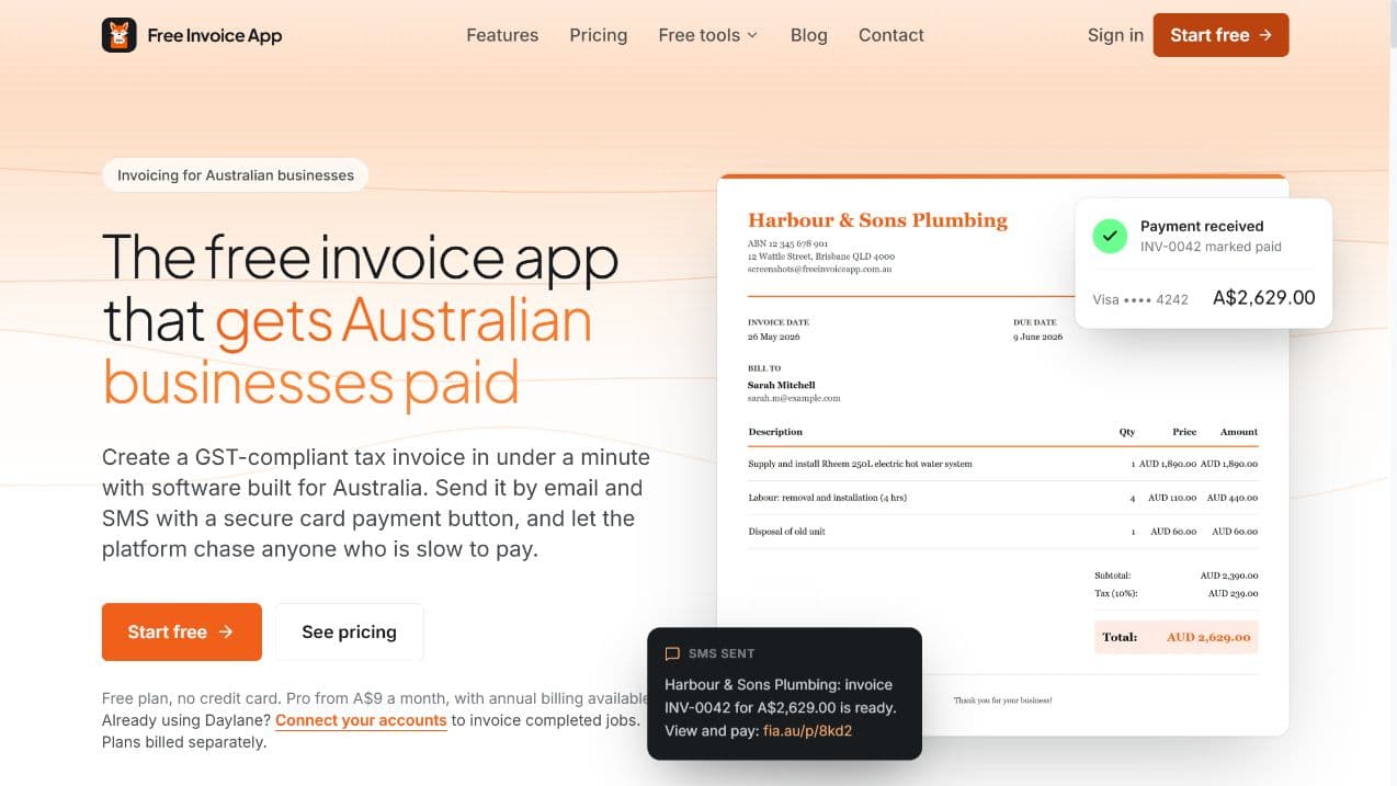 Free Invoice App homepage showing an Australian tax invoice, a payment confirmation and an SMS invoice notification