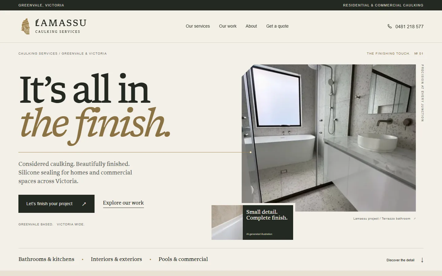 Lamassu Caulking Services homepage showing its It's all in the finish. headline beside a sealed terrazzo bathroom