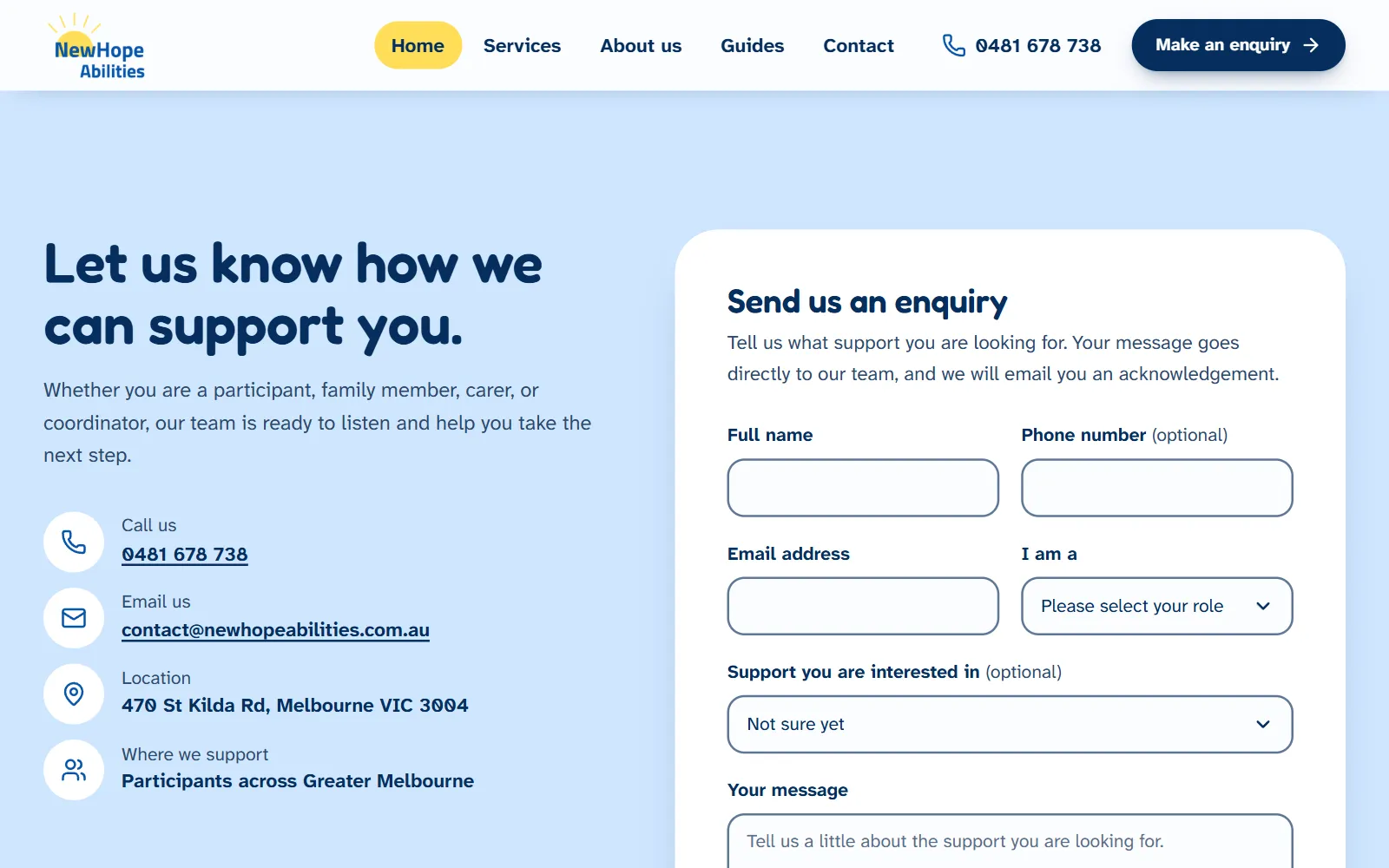 The NewHope Abilities enquiry section, with phone, email and location details beside a Send us an enquiry form