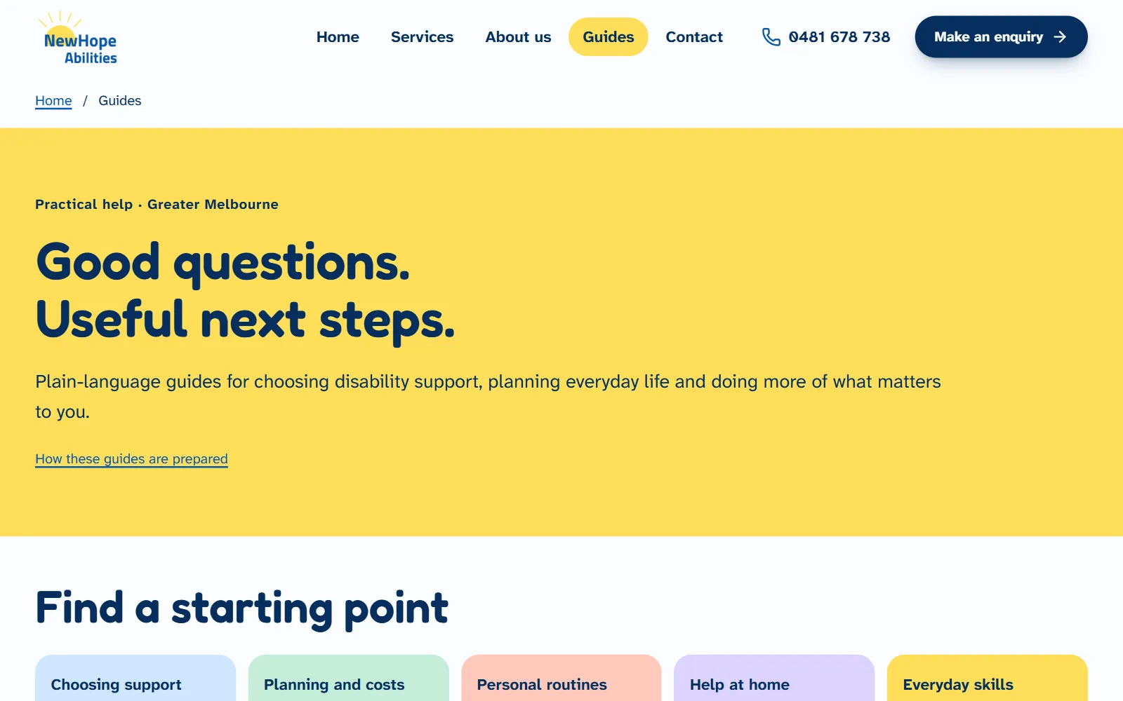 The NewHope Abilities guides hub, with the headline Good questions. Useful next steps. on yellow above a grid of colour-coded guide topics