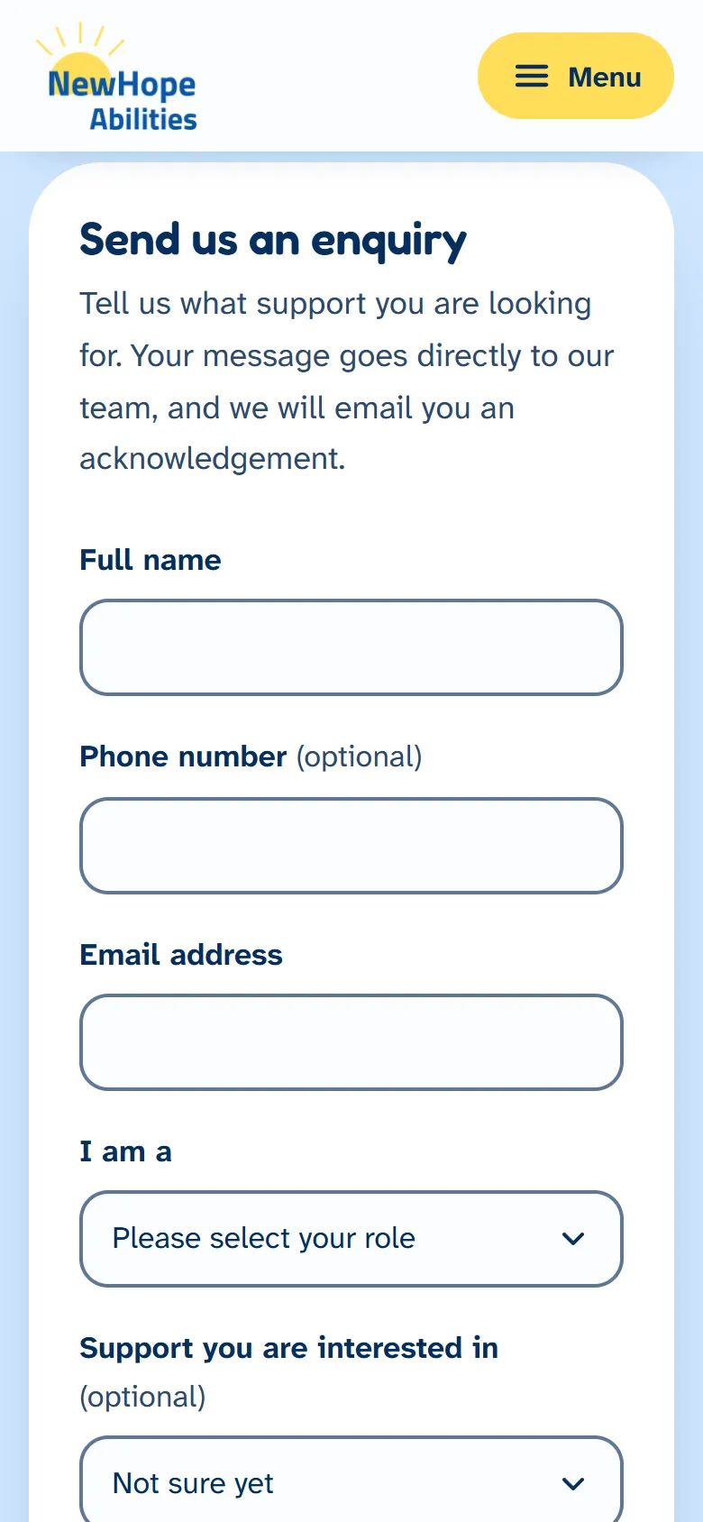 Mobile view of the enquiry form, with large fields for name, phone, email and an I am a role menu