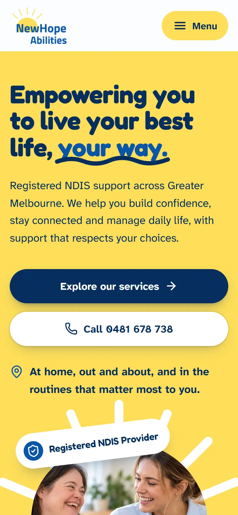 Mobile view of the NewHope Abilities homepage with the headline, an Explore our services button and a tap-to-call button