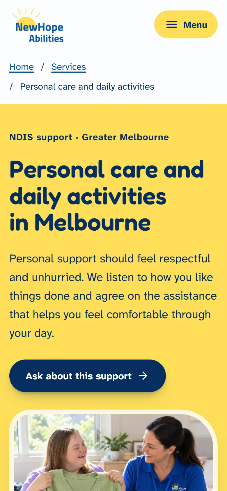 Mobile view of the personal care and daily activities page, with breadcrumbs, the heading and an Ask about this support button
