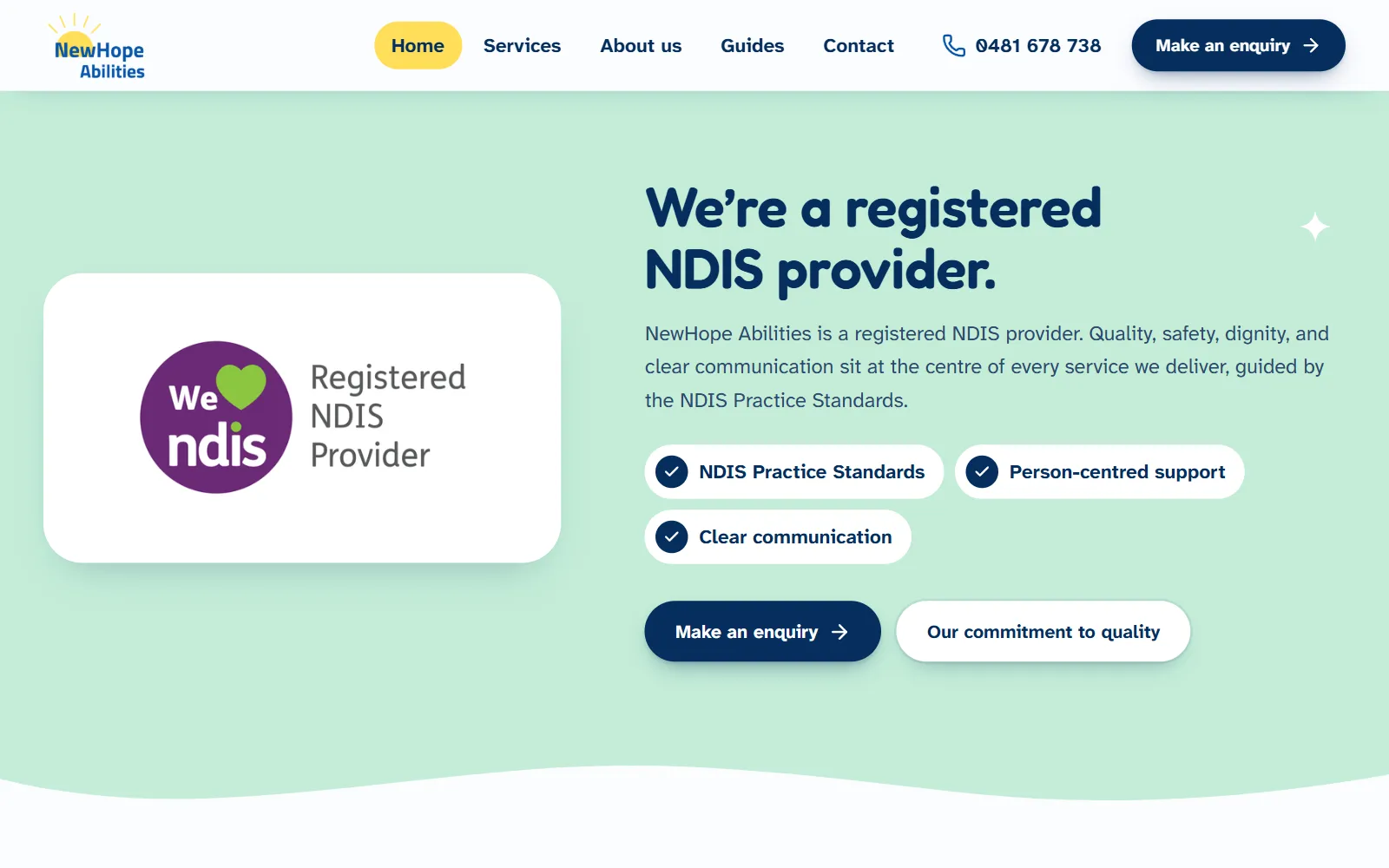The registered NDIS provider section on a mint background, with the NDIS badge and tags for Practice Standards, person-centred support and clear communication