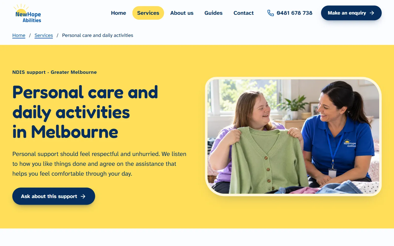 Desktop view of the NewHope Abilities personal care and daily activities page, with the title on yellow beside a photo of a participant and support worker choosing clothes
