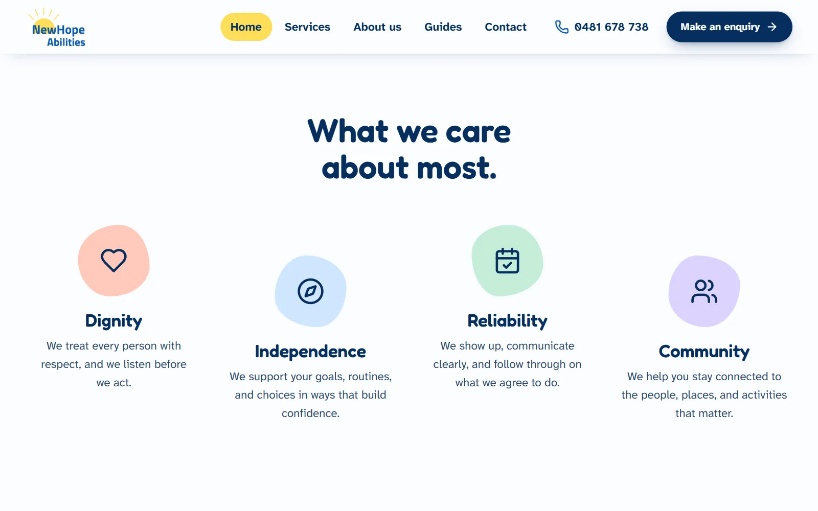 The What we care about most section, with soft pastel icons for dignity, independence, reliability and community