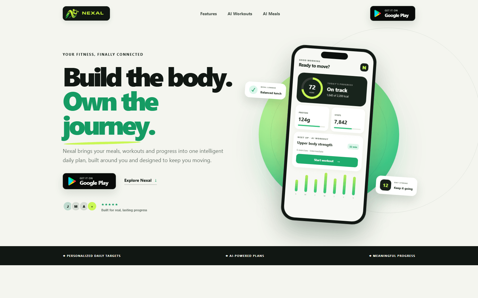 Nexal Fitness website homepage showing its AI fitness dashboard in a phone mockup