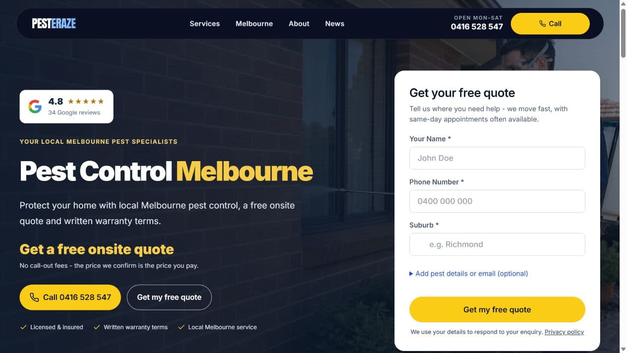 Pest Eraze homepage showing Melbourne pest control services and the free onsite quote form