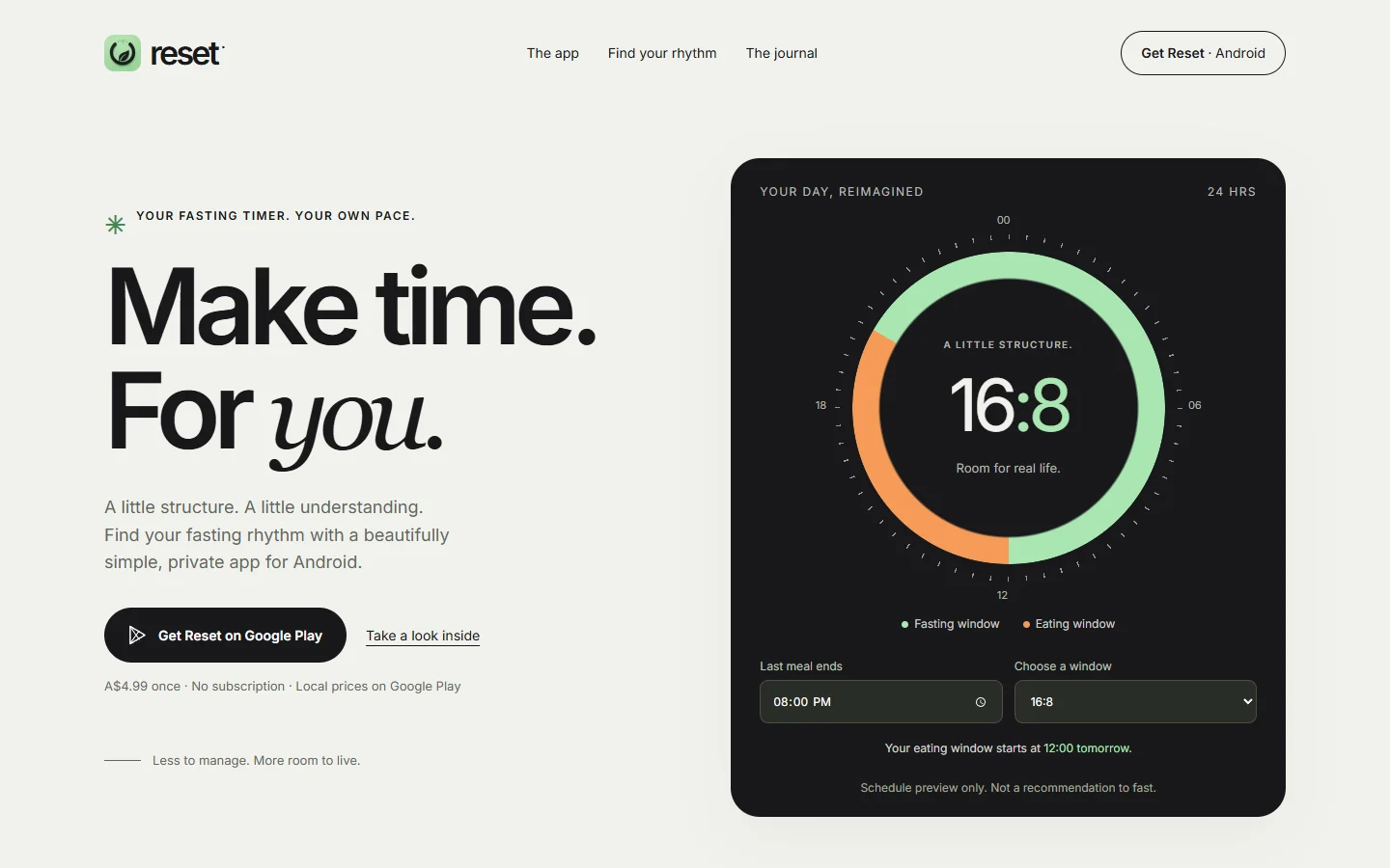 Reset homepage showing its Make time. For you. headline and interactive fasting schedule preview