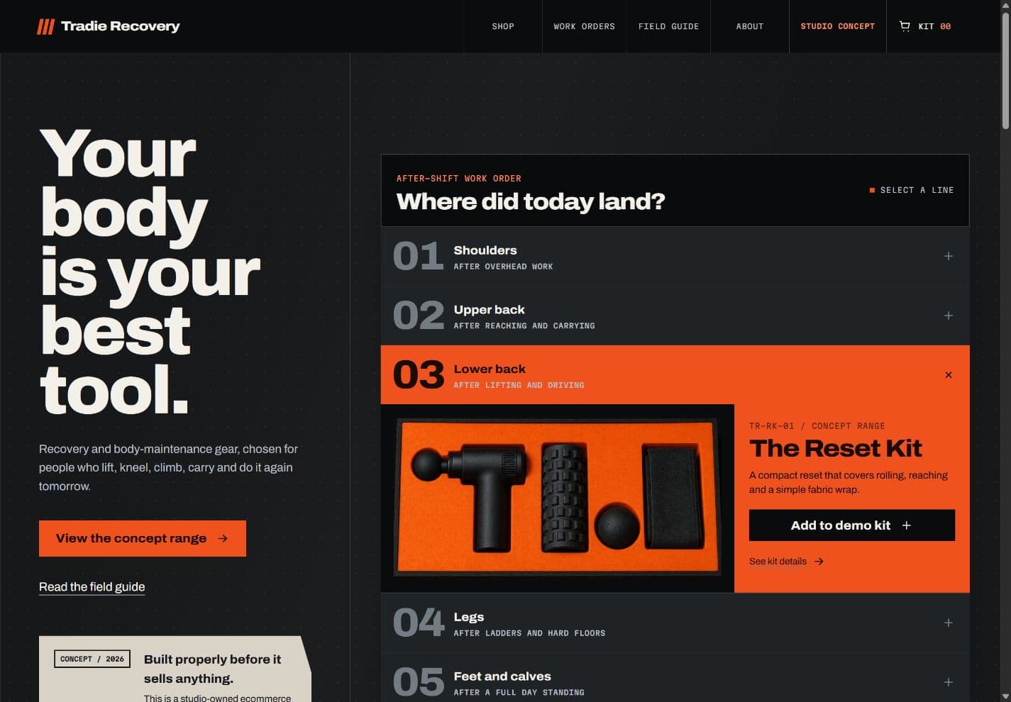 Tradie Recovery ecommerce concept homepage showing the after-shift work-order selector and demonstrative Reset Kit