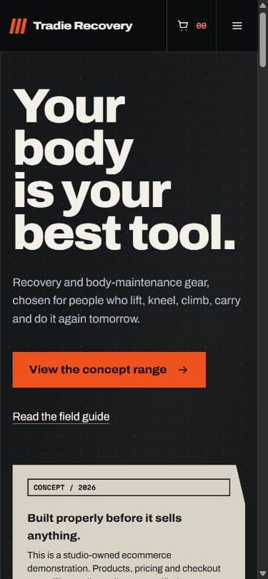 Mobile view of the live Tradie Recovery homepage with the concept status clearly visible below the hero