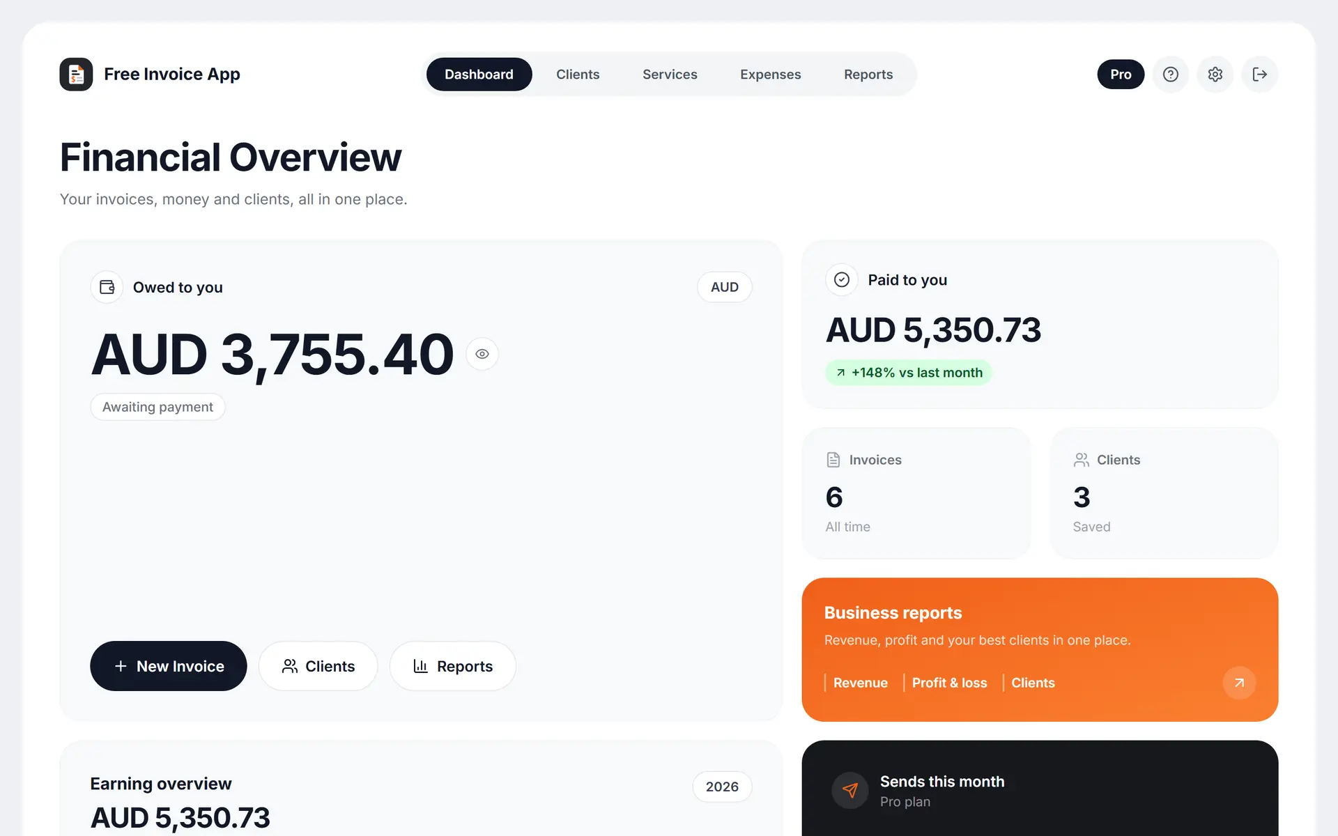 Free Invoice App dashboard showing invoice totals, payment status and recent activity