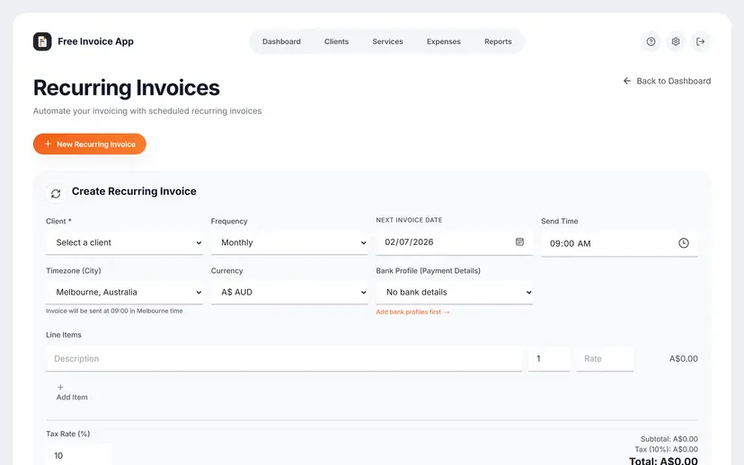 Recurring invoice scheduling screen in Free Invoice App