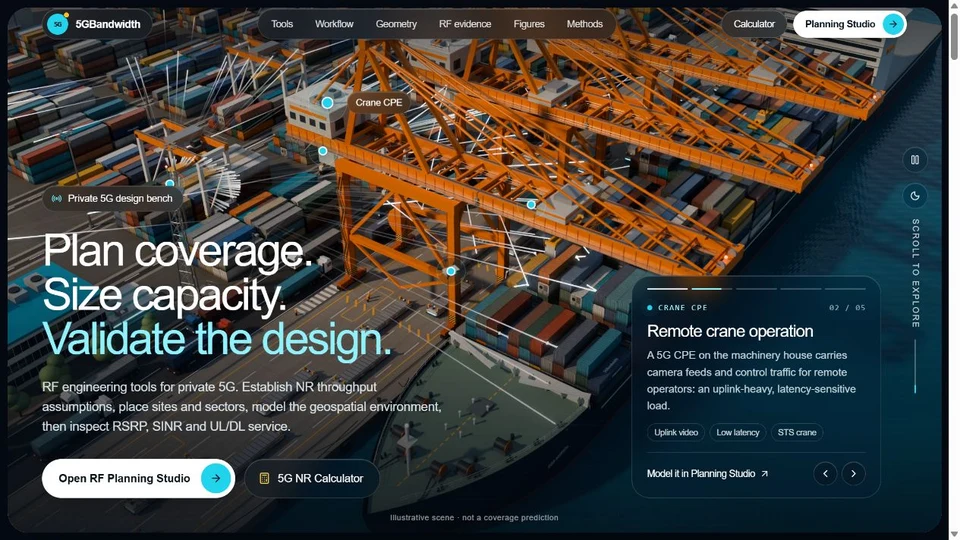 5G Bandwidth homepage with an animated port scene, orange cranes and radio signal paths around shipping containers