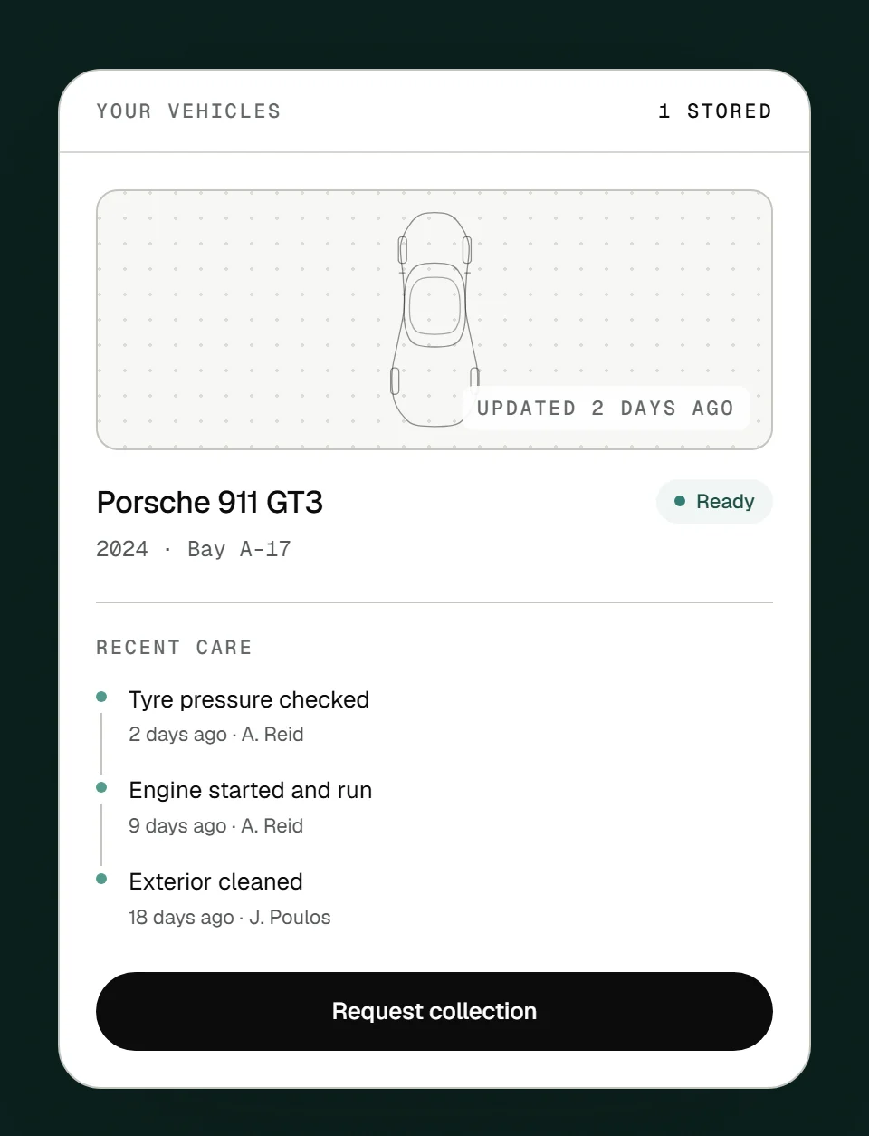 The owner-facing portal — vehicle status, care history and requests, without the phone call. Representative interface showing product direction.
