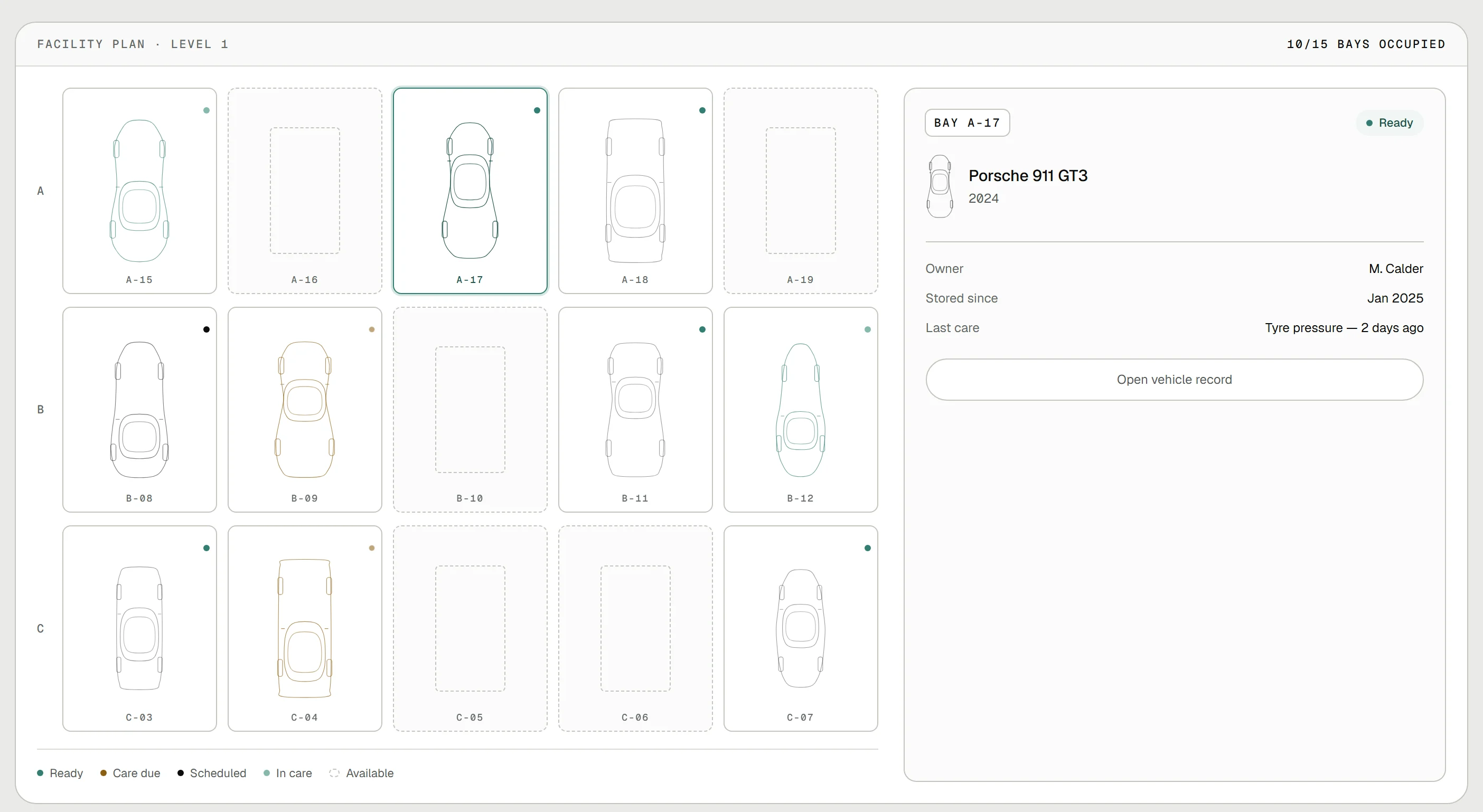A live facility plan — every bay, every vehicle and its current status, with the vehicle record one click away. Representative interface showing product direction.